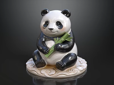 Ceramic Panda Decorative Figurine Set With Bamboo And Cloud Pattern Base 3d model