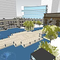 Modern Commercial Street Design With Tall Buildings Central Fountain And Greenery