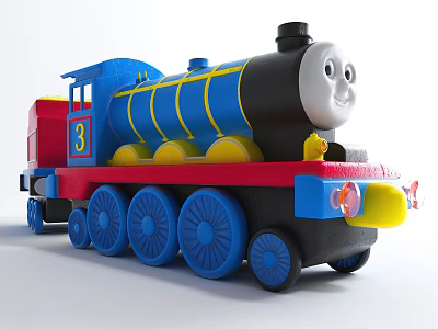 Electric Toy Train with Blue Body Black Chimney Red Carriage and Smiling Face 3d model
