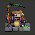 Purple Creature Character Sitting On Stone Slabs With Green Leaf Grass And Backpack Hut