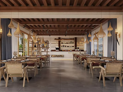 Spacious Restaurant Interior With Wooden Ceiling Pendant Lights Rattan Chairs Dining Tables And Open Layout 3d model