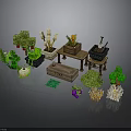 Pixel Art Scene Components Featuring Green Plants Tables Boxes And Decorative Elements