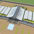 Modern Public Building Exterior With Wavy Roof Design And Surrounding Green Parking Areas