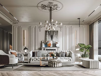 Elegant Modern Living Room Interior Design With Chandelier Sofa Fireplace Coffee Table And Rug 3d model