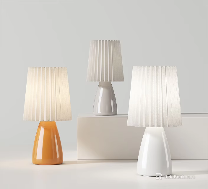 Modern Minimalist Table Lamps with Pleated Shades and Rounded Bases in Orange Gray and White 3d model 