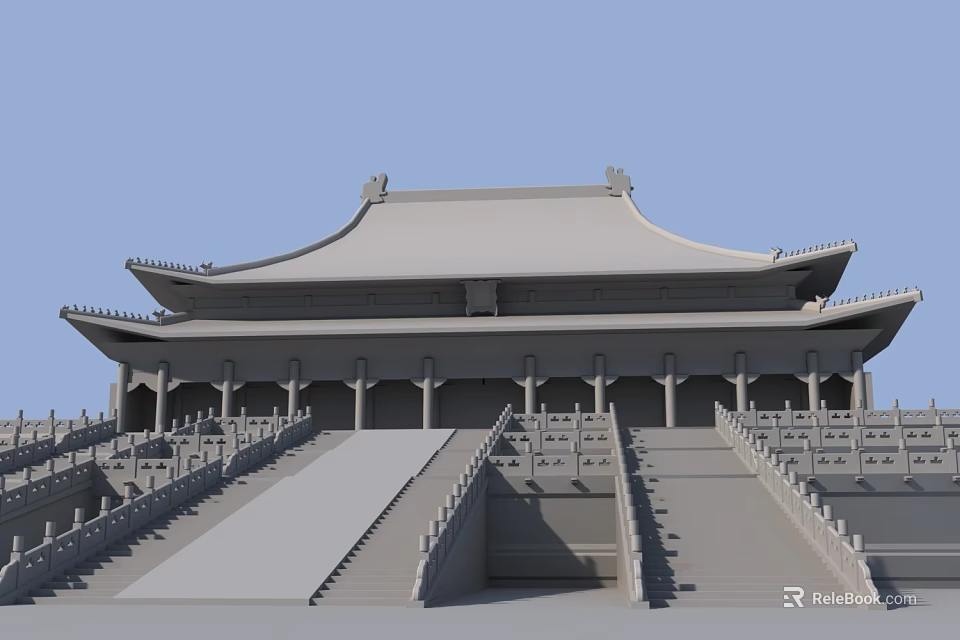 Traditional Chinese Ancient Architecture With Overhanging Eaves Stone Steps And Balustrades 3d model 