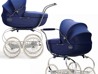 Dark Blue Baby Prams With Classic Design And Wheels 3d model