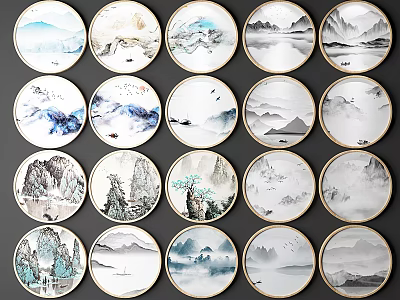 New Chinese Round Frame Painting Zen Ink Round Hanging Painting 3d model
