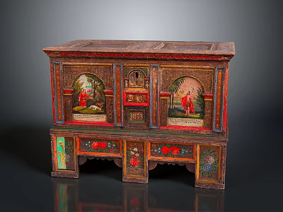 Traditional Antique Style Painted Wooden Cabinet With Decorative Panels And Colorful Carved Motifs 3d model