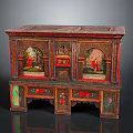 Traditional Antique Style Painted Wooden Cabinet With Decorative Panels And Colorful Carved Motifs