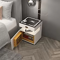 Modern White Nightstand With Open Drawer Wooden Interior And Hanging Metal Lamps In Bedroom