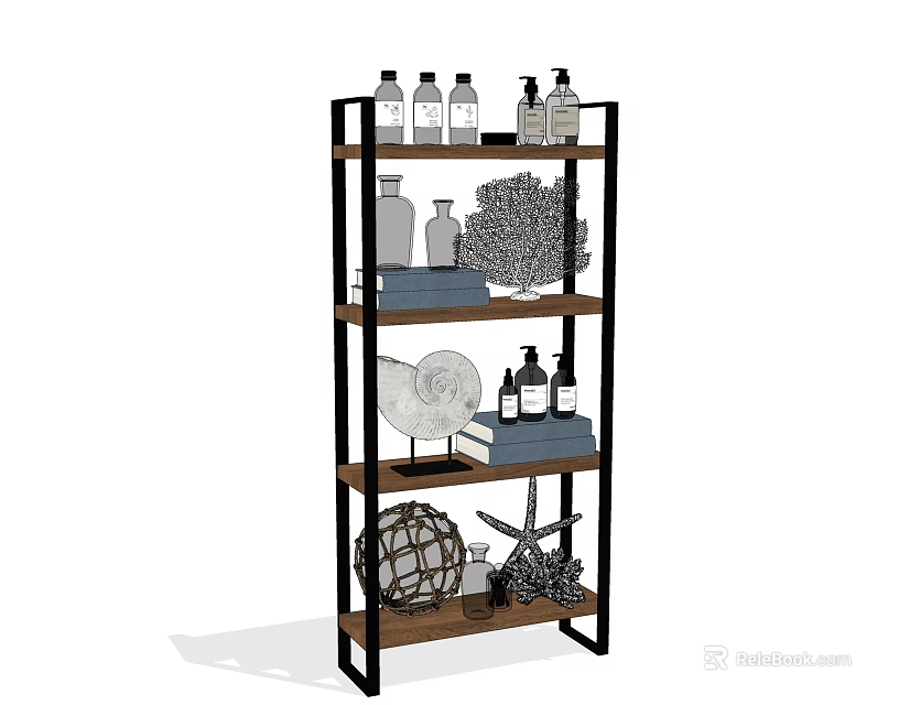 Multi tiered Bathroom Accessories Storage Shelf with Toiletries Bottles and Decorative Ornaments 3d model 