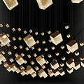 Contemporary Golden Chandelier with Square Shaped Lights in Dark Walled Space with Stairs