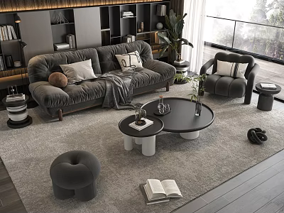 Gray Sofa With Throw Pillows Blanket Round Coffee Table Set Living Room Rug Plants Ottoman 3d model
