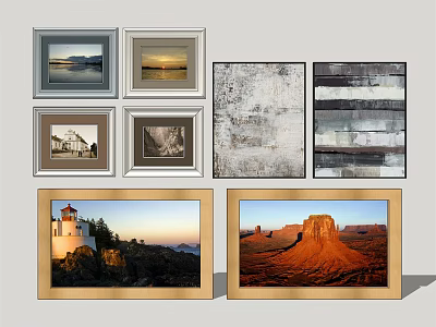 Various Framed Wall Art Including Landscape And Abstract Paintings With Different Frame Styles 3d model