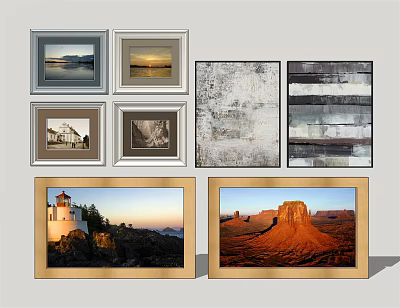 Various Framed Wall Art Including Landscape And Abstract Paintings With Different Frame Styles 3d model
