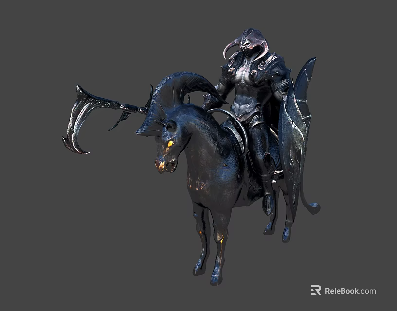 Dark Armored Warrior Riding Horned Black Horse With Spiked Armor And Scythe 3d model 