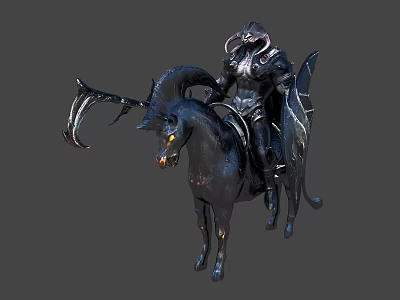 Dark Armored Warrior Riding Horned Black Horse With Spiked Armor And Scythe 3d model