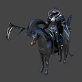 Dark Armored Warrior Riding Horned Black Horse With Spiked Armor And Scythe