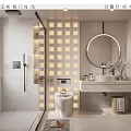Modern Bathroom Interior Design With Glass Shower Round Mirror And Wall Mounted Vanity