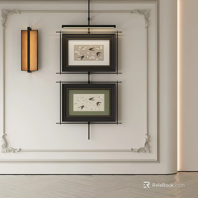 Two Abstract Paintings with Birds on Wall Featuring Decorative Frames and Wall Lamp 3d model