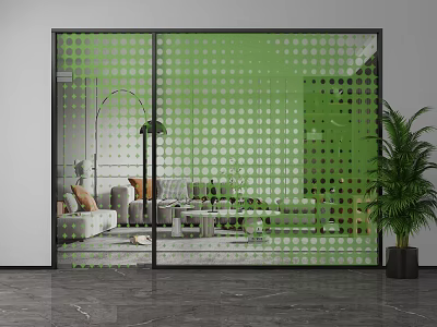 Green Dot Pattern Glass Partition In Modern Living Room With Sofa Floor Lamp And Plants 3d model