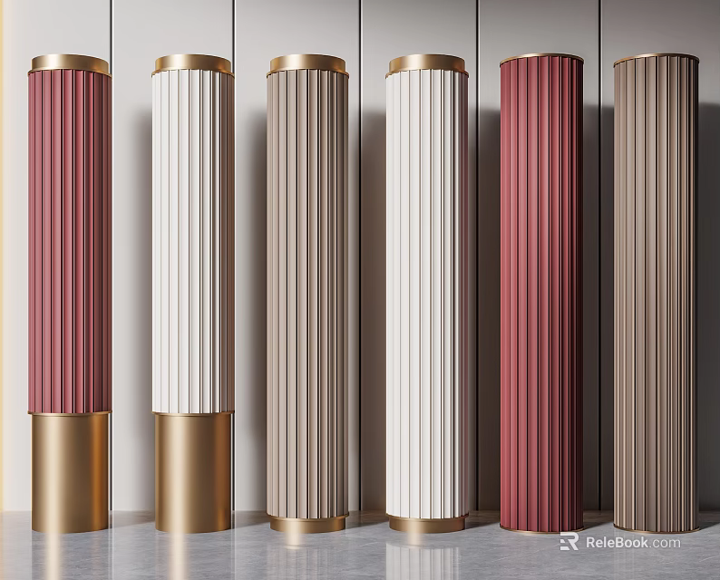 Modern Interior Decorative Fluted Pillars In Various Colors With Golden Bases Design 3d model 