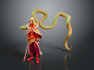 Elegant Woman in Red Orange Outfit With Snake Decorations And Magic Staff 3d model