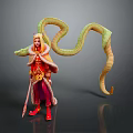 Elegant Woman in Red Orange Outfit With Snake Decorations And Magic Staff