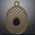 Elegant Golden Oval Pendant With Intricate Mesh Design And Purple Gemstone