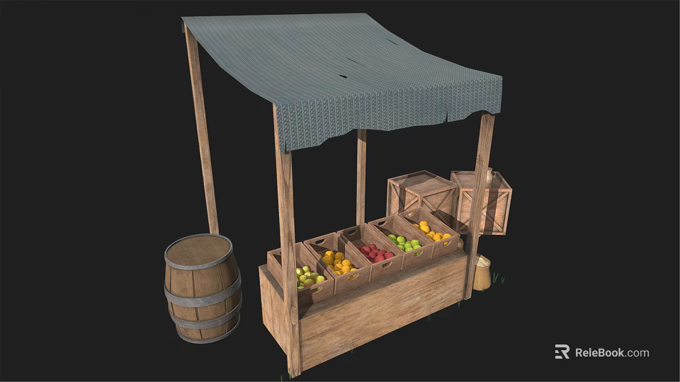 Wooden Fruit Stall with Gray Canopy and Crates of Fresh Fruits Beside Barrel 3d model 