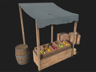 Wooden Fruit Stall with Gray Canopy and Crates of Fresh Fruits Beside Barrel 3d model
