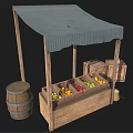 Wooden Fruit Stall with Gray Canopy and Crates of Fresh Fruits Beside Barrel