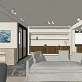 Modern Living Dining Room Interior With Grey Sofa TV Wall And Staircase