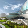 Modern Sports Park Building With Blue Dotted Facade And People Walking