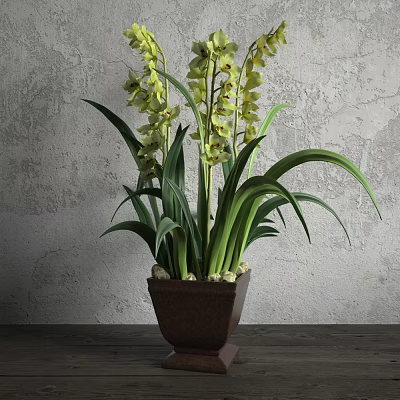 Bonsai Plant with Green Leaves and Yellow Flowers in Brown Square Pot Against Gray Wall 3d model
