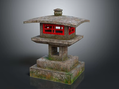 Traditional Stone Lantern With Red Pane Windows And Multi Tiered Structure 3d model