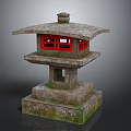 Traditional Stone Lantern With Red Pane Windows And Multi Tiered Structure 3d model