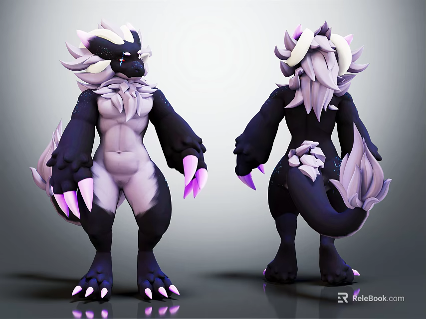 3D Fantasy Creature Model With Black White Mane Purple Claws Two Angles View 3d model 