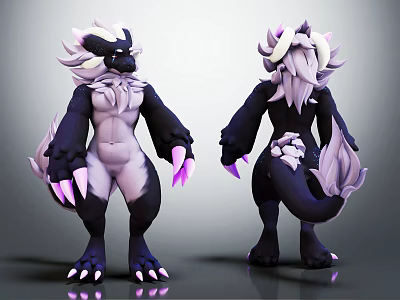 3D Fantasy Creature Model With Black White Mane Purple Claws Two Angles View 3d model