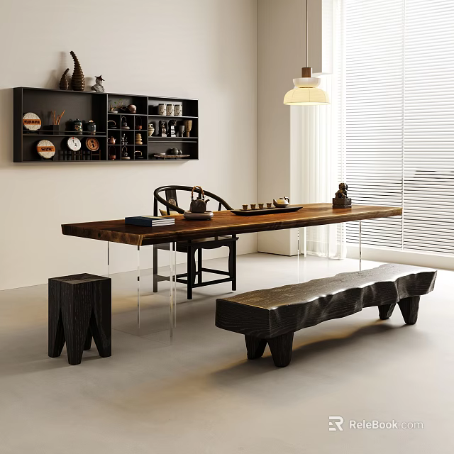 Natural Wooden Tea Table And Black Chairs With Bench In Minimalist Room 3d model 