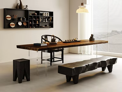 Natural Wooden Tea Table And Black Chairs With Bench In Minimalist Room 3d model