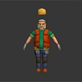 Cartoon Construction Worker With Yellow Hard Hat White Beard Green Shirt Orange Vest Tool Belt