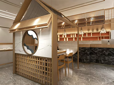 Modern Boutique Store Interior With Wooden Structure Round Mirror Tables And Stone Countertop 3d model