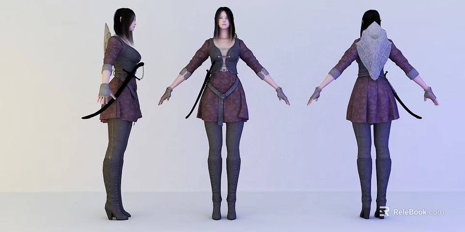 Three Angles Game Movie Character Female with Dark Outfit Long Boots and Sword 3d model 