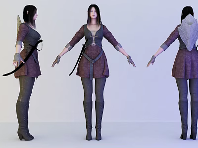 Three Angles Game Movie Character Female with Dark Outfit Long Boots and Sword 3d model