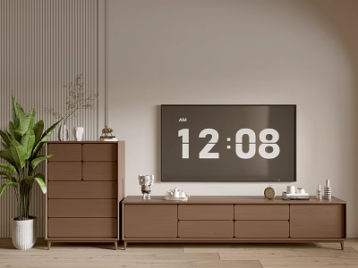 Modern Brown TV Cabinet Interior With Chest Of Drawers And Decorative Items 3d model