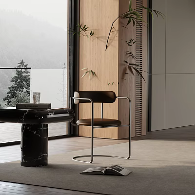 Modern Leisure Chair in Room with Large Window Natural View Wooden Wall and Green Plants 3d model