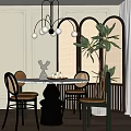 Dining Table Set With Round Marble Top Woven Back Chairs Orange Cushions And Rattan Screen