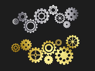 Industrial Equipment With Silver And Gold Gears Of Various Sizes And Designs 3d model